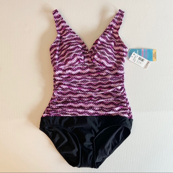 Swim Solutions Purple Slimming Ruched V Neck Wide Strap One Piece Swimsuit NEW - Picture 2 of 7